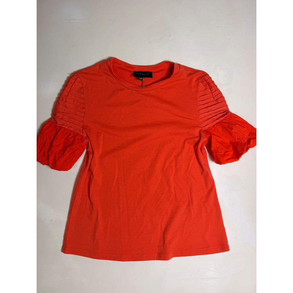 Gracia Puff Sleeve Top Womens Medium Orange‎ Excellent Pleated Statement Tee
